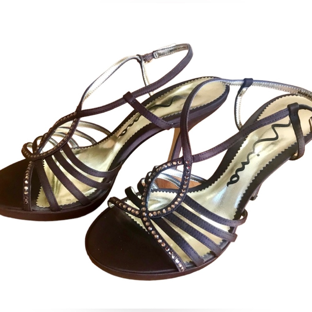 Brown satin rhinestone heels